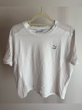 Puma White Crop Tee Women’s Size L Mesh Detail Athletic Workout Top